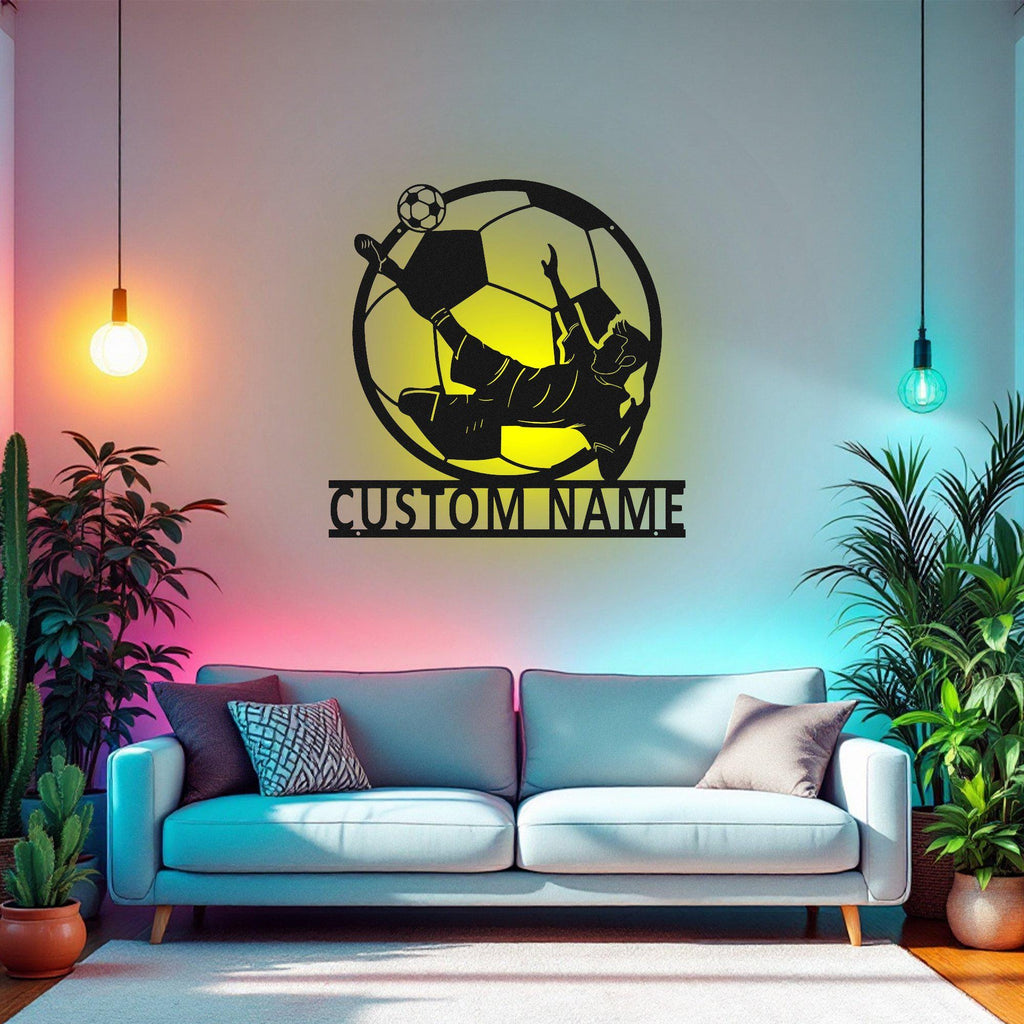 Custom Soccer Metal Wall Art With LED Light, Personalized Soccer Player Name Sign Decoration For Room, Male Soccer Player Metal Decor