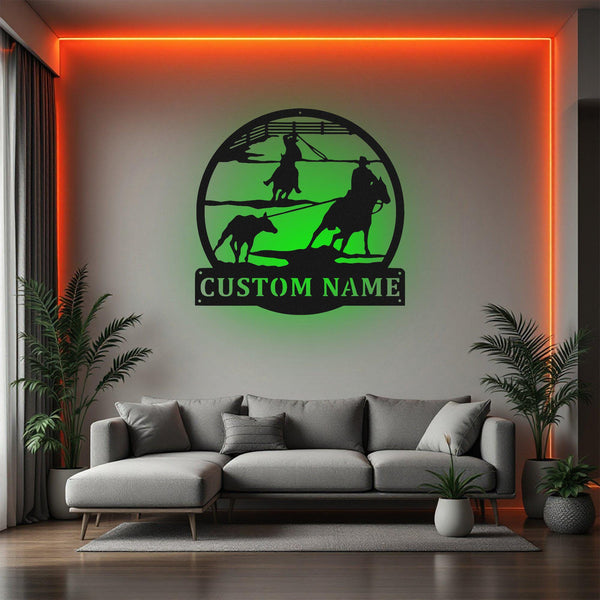 Custom Team Roper Cowboy Horse Metal Wall Art With Led Light, Personalized Team Roper Name Sign Decoration For Room, Team Ropers Home Decor