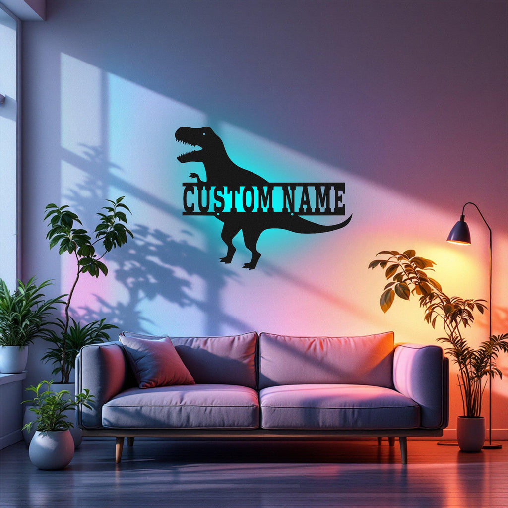 Custom T-Rex Dinosaur Metal Wall Art With Led Light, Personalized T-Rex Dinosaur Name Sign Decoration For Room, T-Rex Metal Led Decor, T-Rex