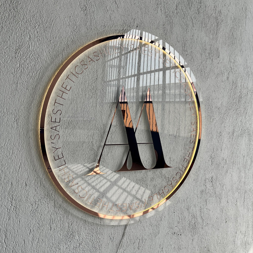 Rose Gold Mirror Custom Sign Business Logo, Backlit Acrylic Sign, Personalized Business Name Sign, Salon Wall Decor, Office Storefront Sign