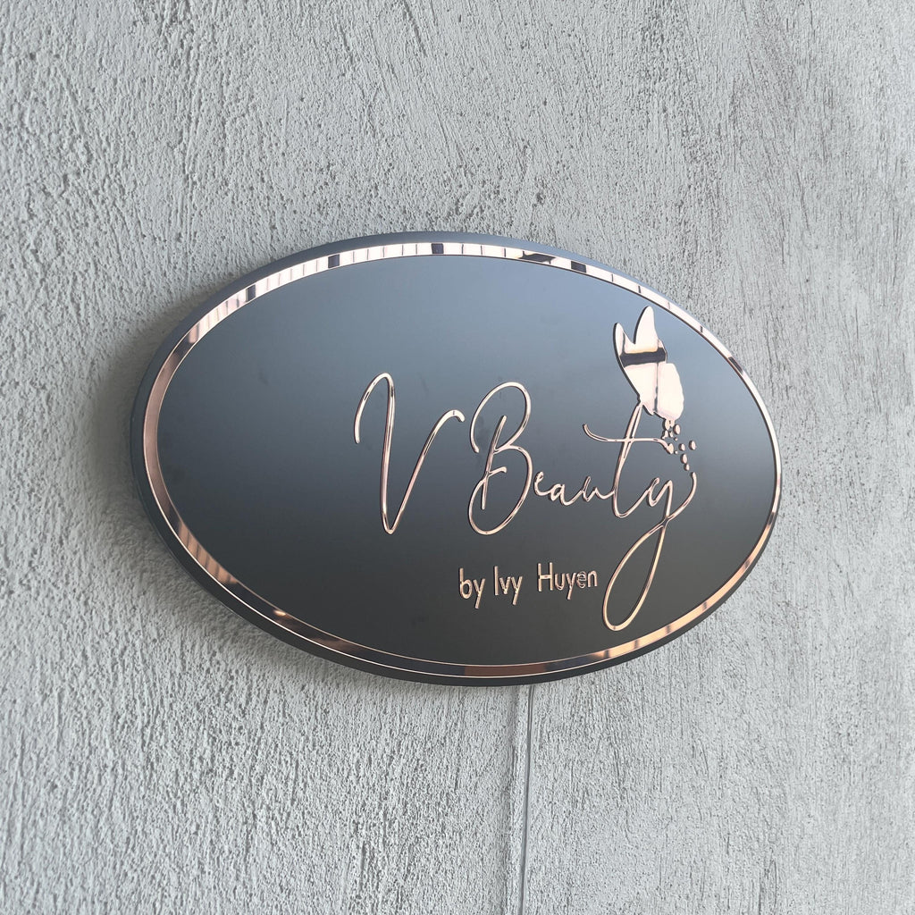 Business Oval Mirror Logo Sign, Rose Gold Mirror Custom 3D Acrylic Sign, Modern Office Wall Decor, Personalized Company Logo, Reception Sign