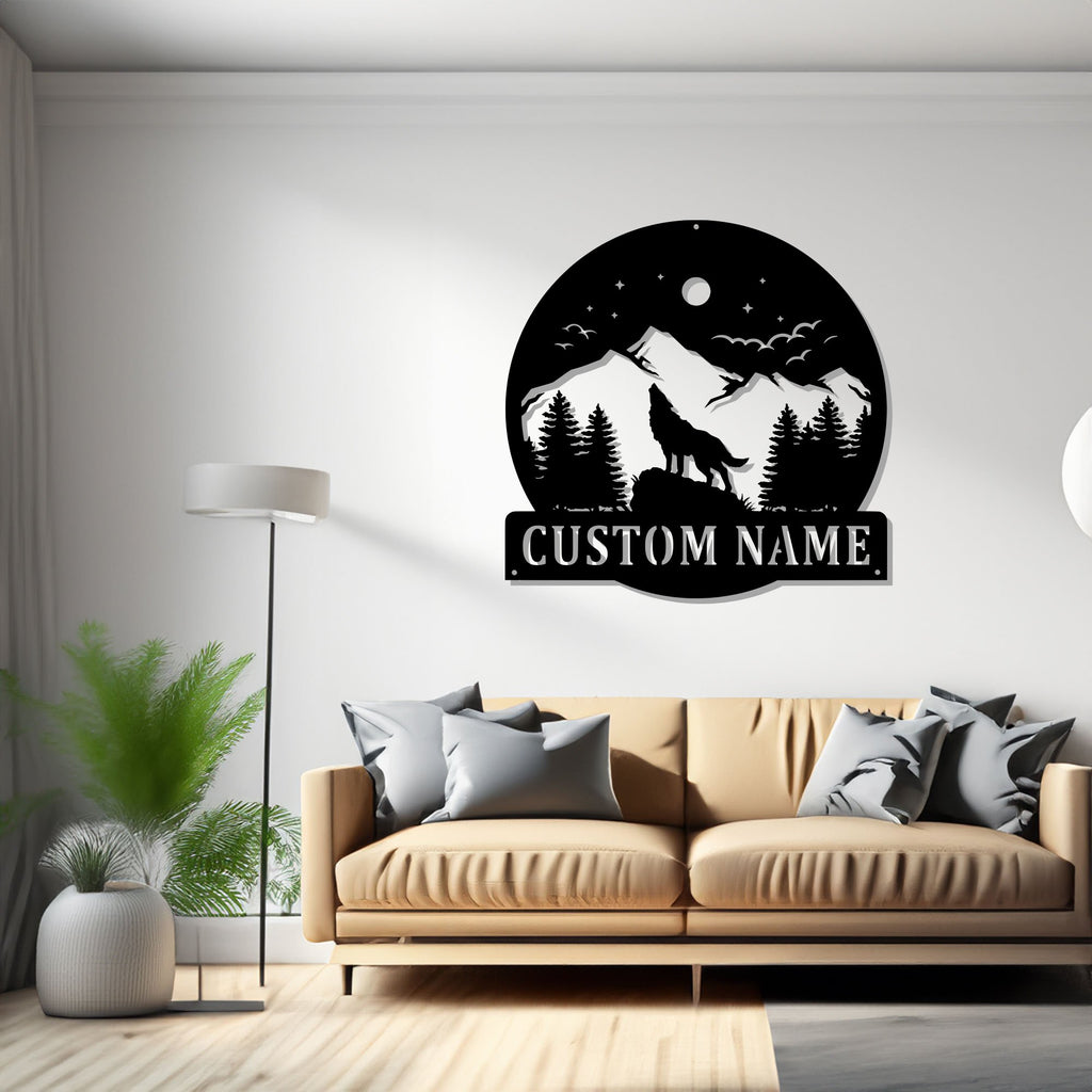 Custom Howling Wolf Metal Wall Art, Personalized Wolf Name Sign Decoration For Room, Wolf Metal, Custom Wolf Sign