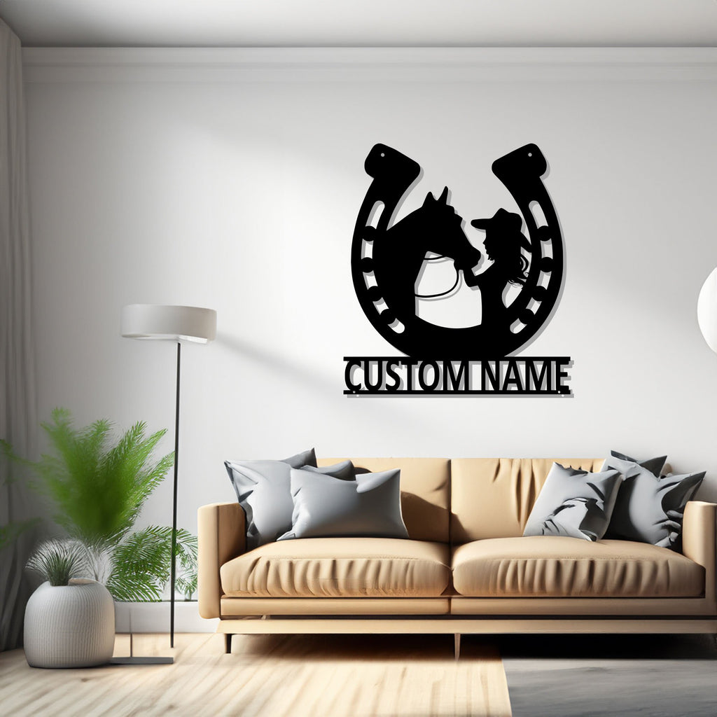 Custom Girl Kissing Horse Metal Wall Art, Personalized Cowgirl Name Sign Decoration For Room, Cowgirl Horse Metal