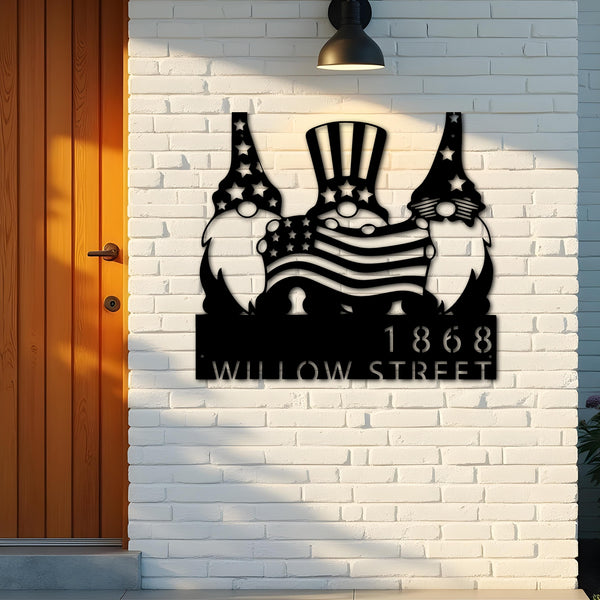 Custom Metal Gnomes 4th of July patriotic Metal Address Sign, House number, Outdoor Number Signage, Yard Sign Address Plate