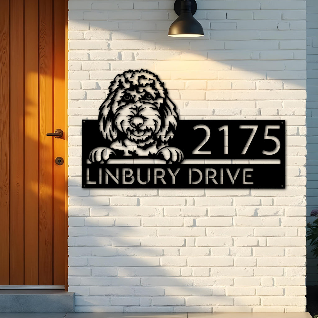 Custom Metal Goldendoodles dog Cute puppy Metal Address Sign House number Hanging Address Plaque Yard Sign Outdoor decor