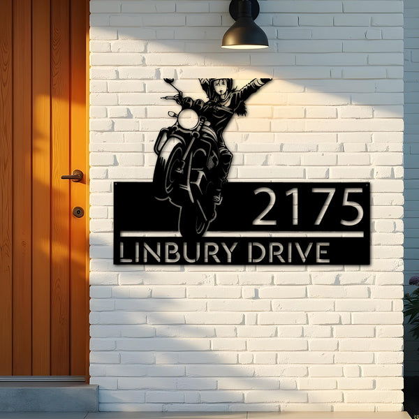 Custom Metal Girl biker bike rider Metal Address Sign, House number, Outdoor Number Signage, Yard Sign Address Plate