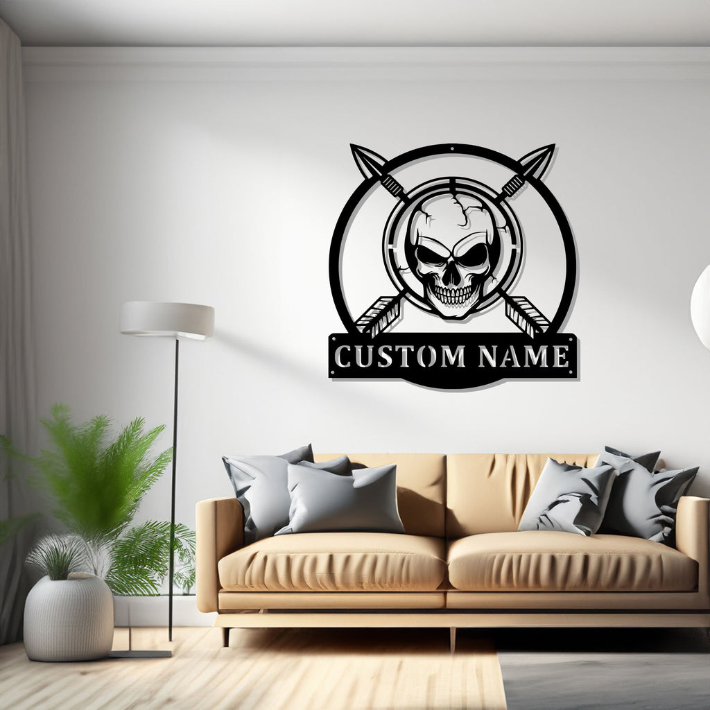 Custom Skull Archery Metal Wall Art, Personalized Archery Player Name Sign Decoration For Room, Archery Metal Decor