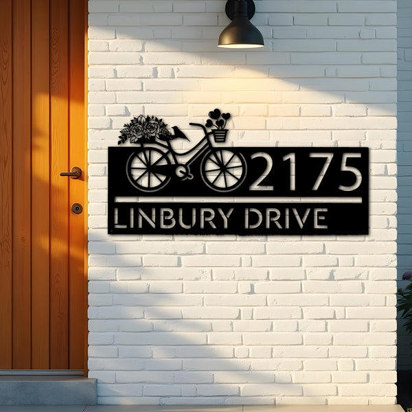 Custom Metal Bicycle with flower and hearts Metal Address Sign, House number, Outdoor Number Signage, Yard Sign Address Plate