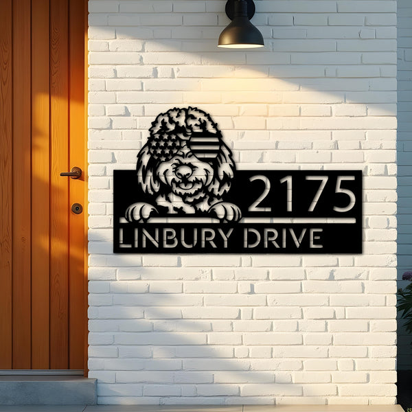 Custom Metal Goldendoodles dog US flag glasses Metal Address Sign House number Hanging Address Plaque Yard Sign Outdoor decor
