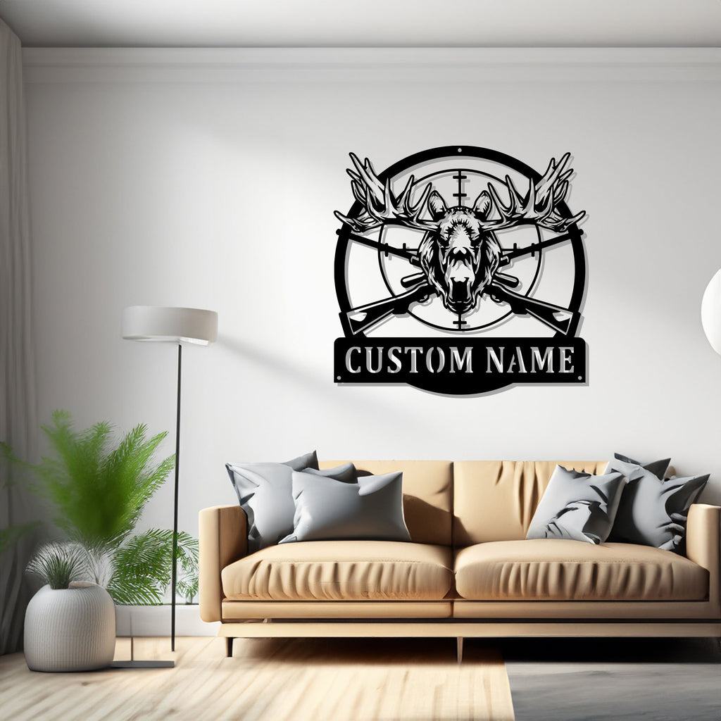 Custom Moose Hunting Metal Wall Art, Personalized Moose Hunter Name Sign Decoration For Room, Moose Hunting Metal Decor - 1499725543