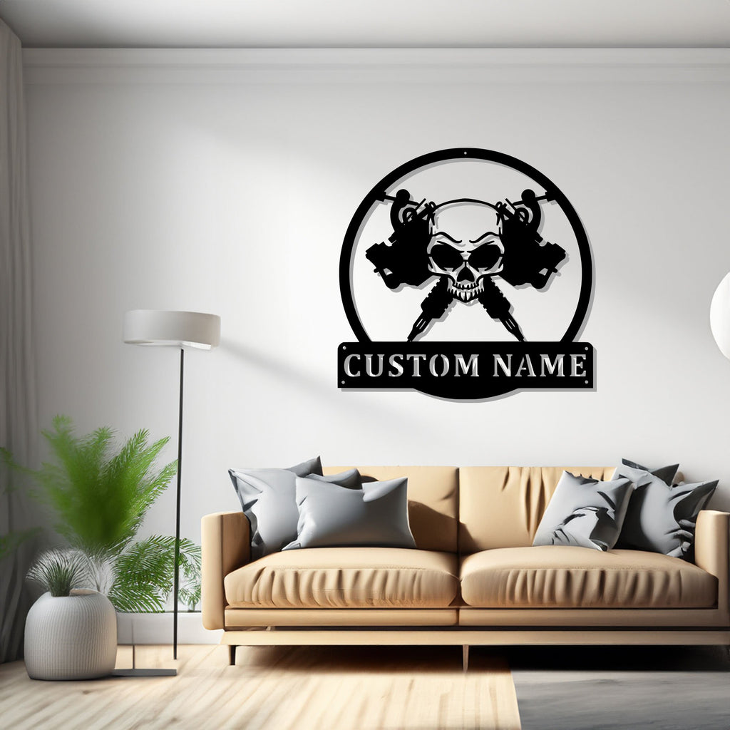 Custom Skull Tattoo Machine Metal Wall Art, Personalized Tattoo Artist Name Sign Decoration For Room, Tattoo Metal Home Decor