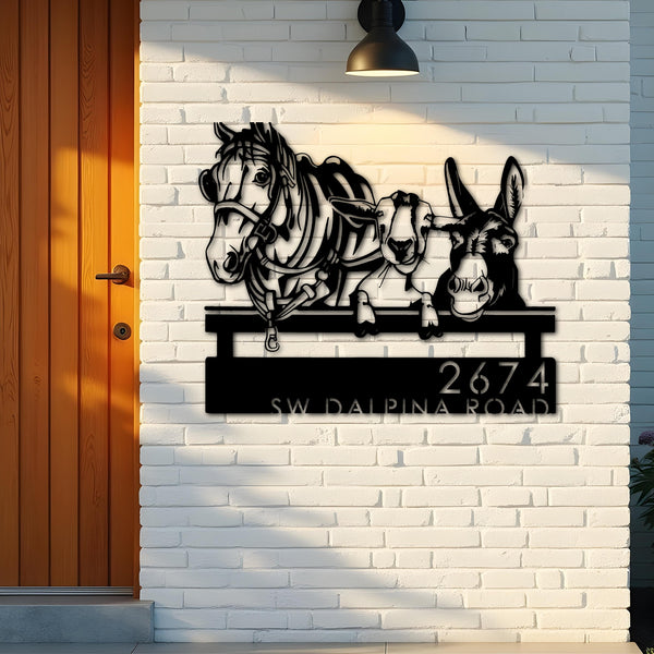 Custom Metal Horse Mule Goat farmhouse farm animals Metal Address Sign, House number, Outdoor Number Signage, Yard Sign Address Plate