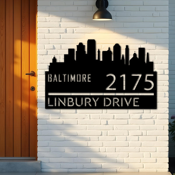 Custom Metal Baltimore city skyline Metal Address Sign Hanging Address Plaque house number Yard Outdoor Sign