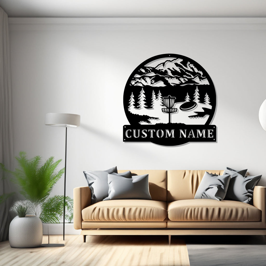 Custom Disc Golf Mountain Metal Wall Art, Personalized Disc Golf Name Sign Decoration For Room, Disc Golf Metal