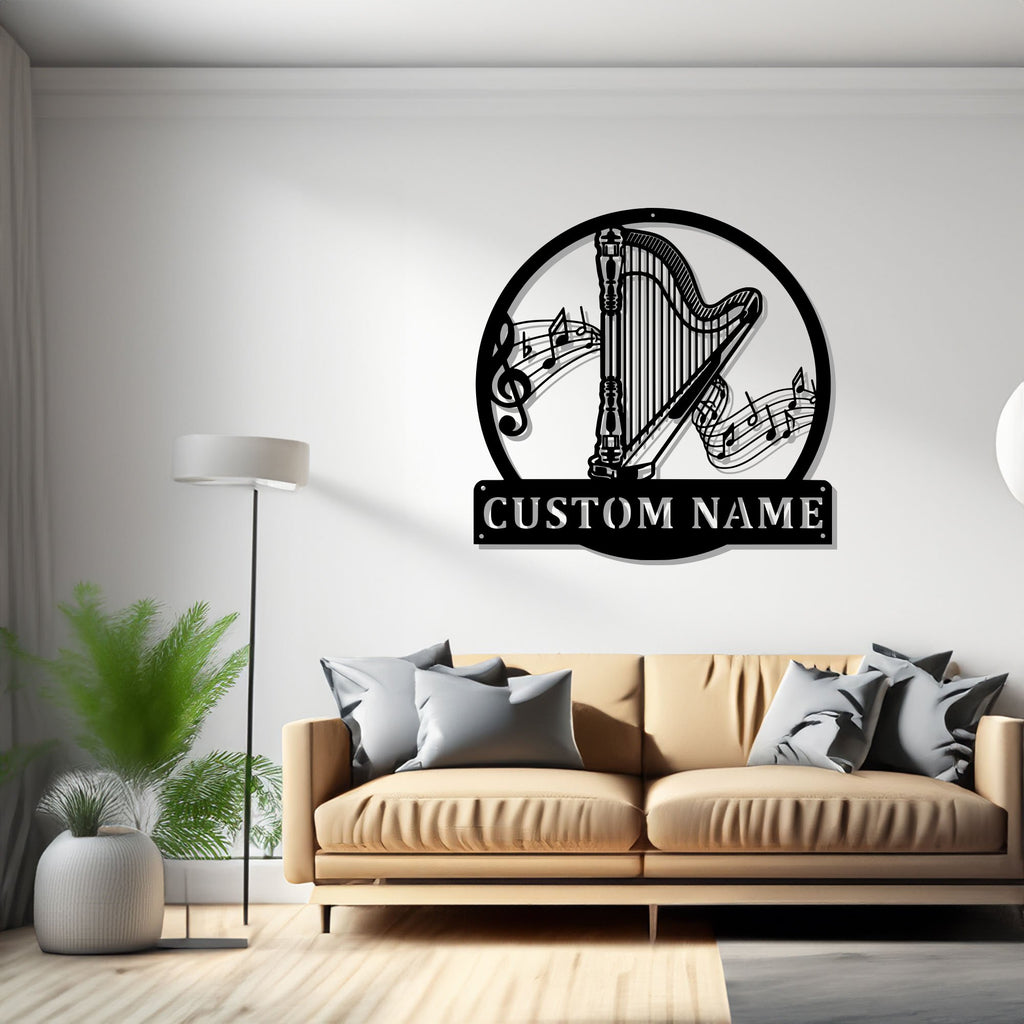 Custom Musical Instrument Harp Metal Wall Art, Personalized Harp Teacher Name Sign Decoration For Room, Harp Metal Home Decor