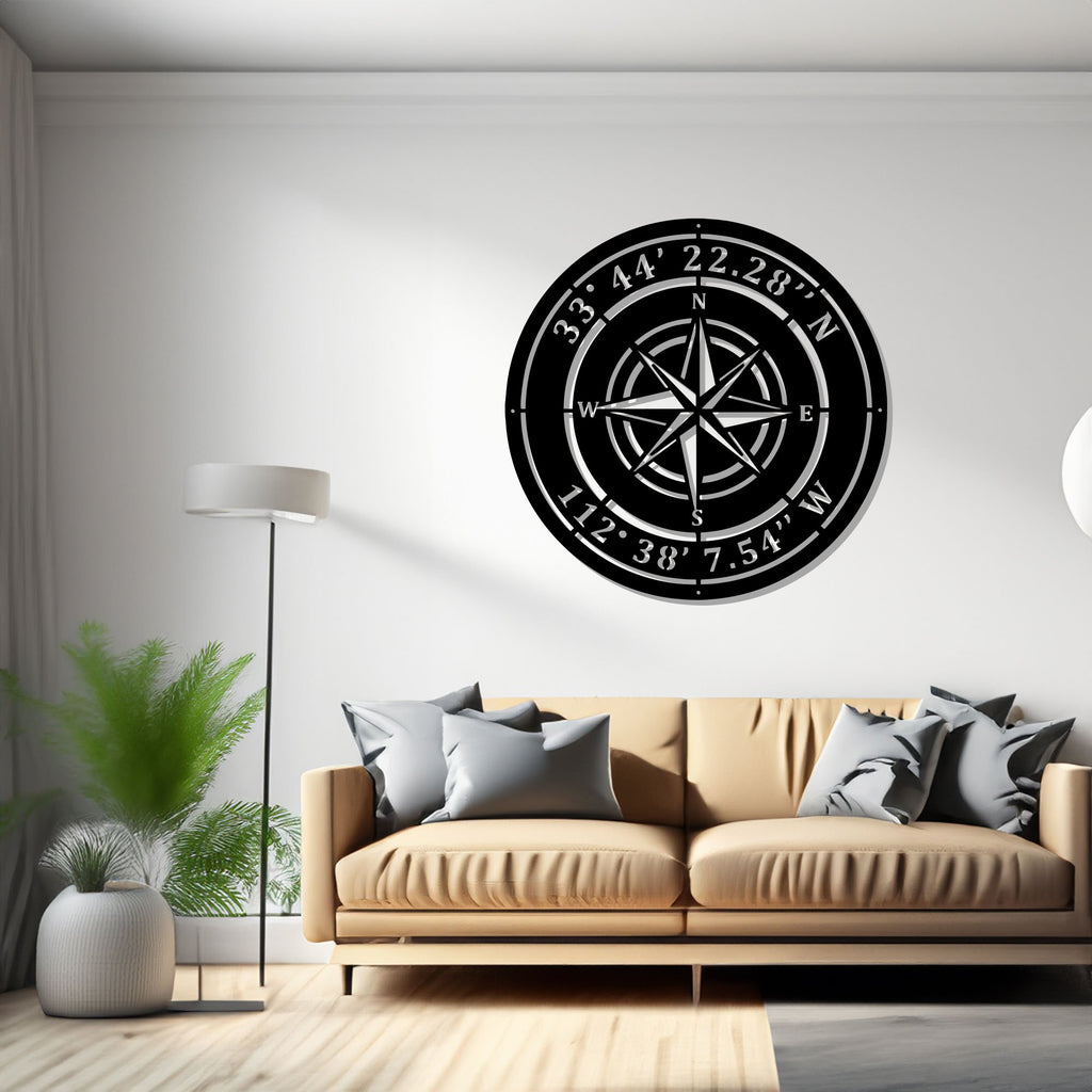 Custom Compass Rose Metal Sign - Custom Coordinates - Nautical Address Wall Art - Custom Compass Nautical Address Decoration For Home