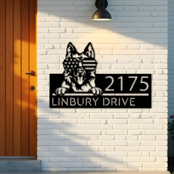Custom Metal German Shepherd dog US flag glasses Metal Address Sign House number Hanging Address Plaque Yard Sign Outdoor decor