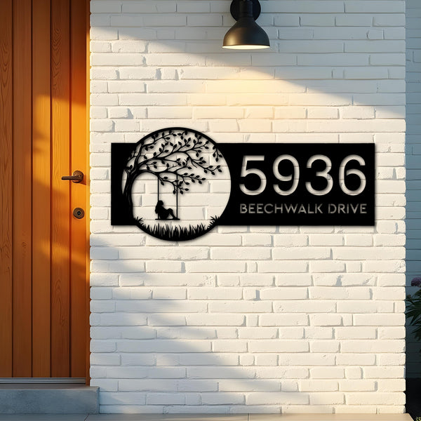 Custom Metal Girl on Swing Metal Address Sign, House number, Outdoor Number Signage, Yard Sign Address Plate