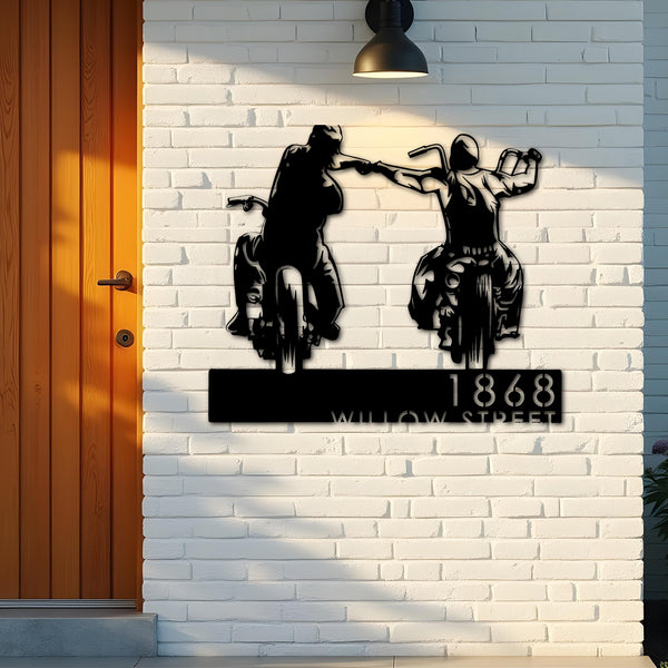 Custom Metal Biker brothers fist bump Motocycle riders Metal Address Sign, House number, Outdoor Number Signage, Yard Sign Address Plate