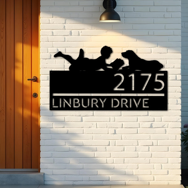 Custom Metal Boy reading book with dog Metal Address Sign, House number, Outdoor Number Signage, Yard Sign Address Plate