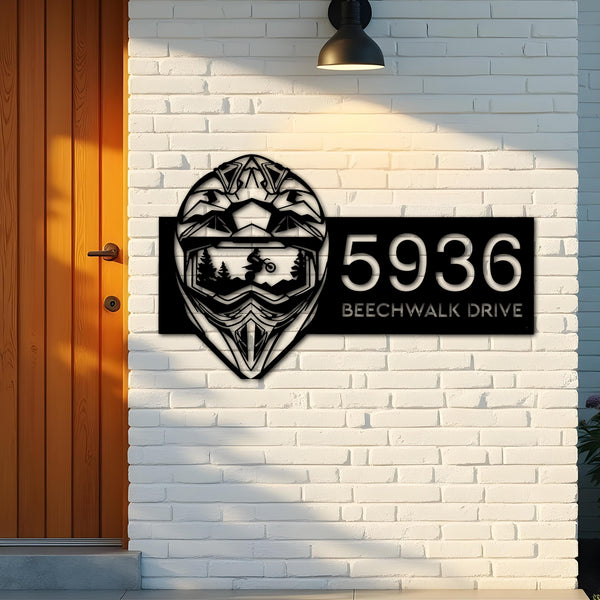 Custom Metal Helmet motocross biker Metal Address Sign, House number, Outdoor Number Signage, Yard Sign Address Plate