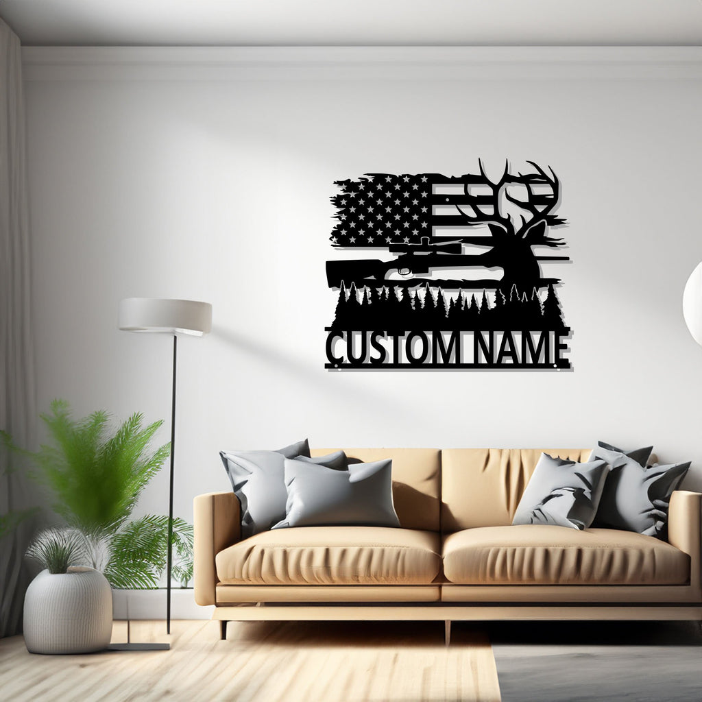 Custom US Deer Hunting Metal Wall ArtV2, Personalized Deer Hunter Name Sign Decoration For Room, Deer Hunting Metal Decor