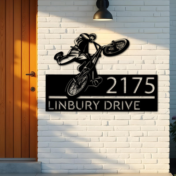 Custom Metal BMX Bicycle freestyle Metal Address Sign, House number, Outdoor Number Signage, Yard Sign Address Plate