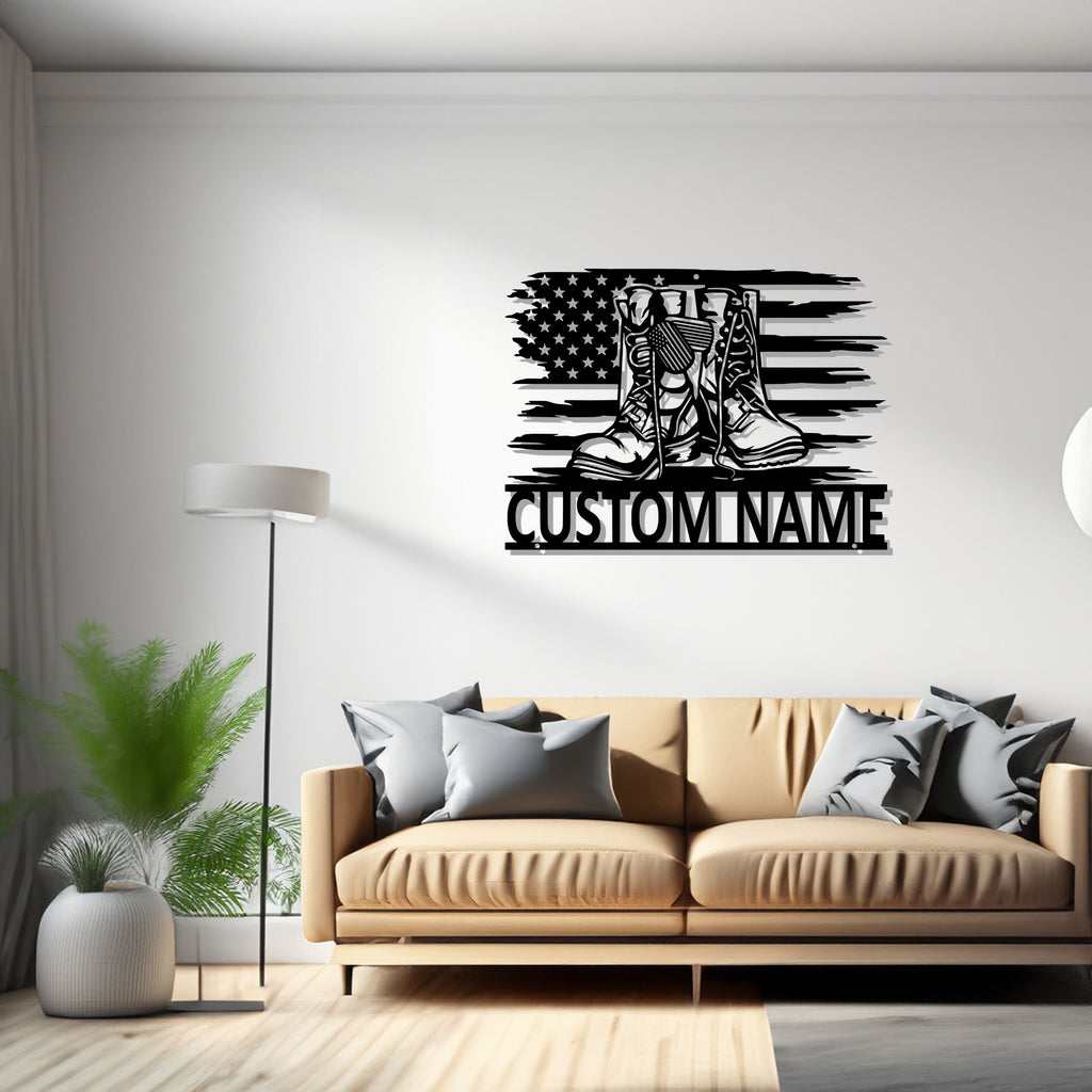 Custom US Combat Boots Metal Wall Art, Personalized Veteran Name Sign Decoration For Room, Veteran Boots Metal Decor