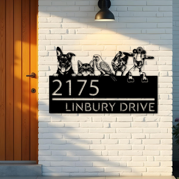 Custom Metal German shepherd cat parrot chicken and goat Metal Address Sign, House number, Outdoor Number Signage, Yard Sign Address Plate