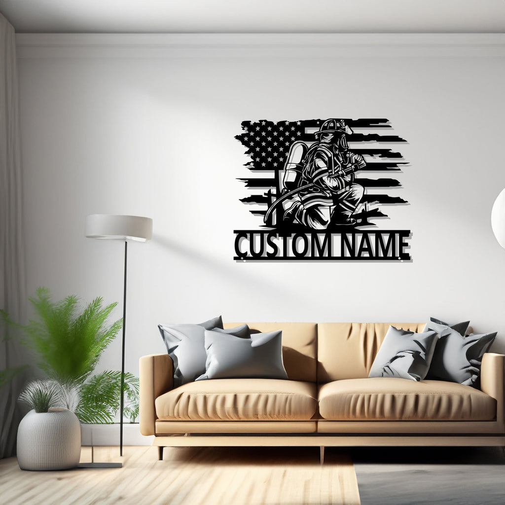 Custom US Fire Fighter Metal Wall Art V2, Personalized Fireman Name Sign Decoration For Room, Firefighter Metal Decor