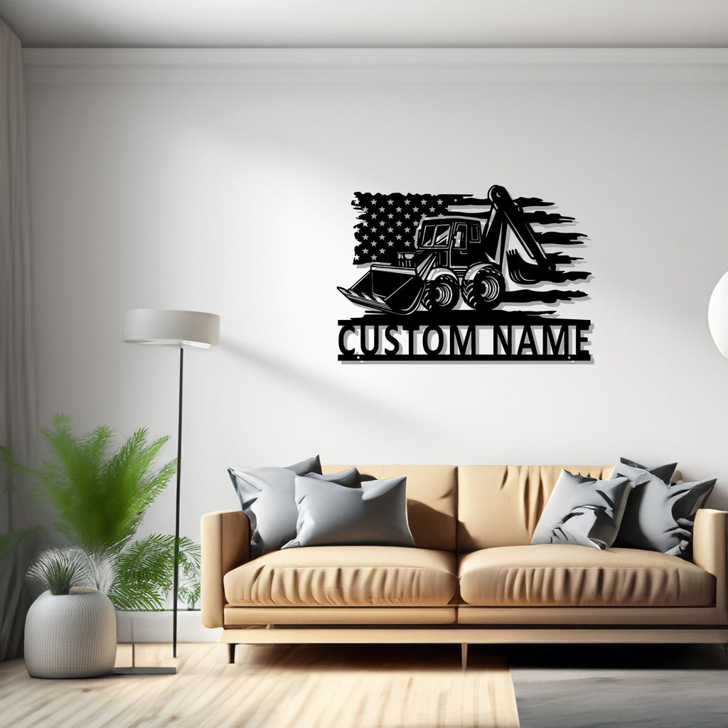 Custom US Backhoe Truck Metal Wall Art Light, Personalized Backhoe Trucker Name Sign Decoration For Room, Backhoe Truck Metal Decor - 1498334962