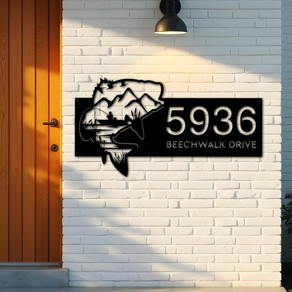 Custom Metal Bass fishing fisherman Metal Address Sign, House number, Outdoor Number Signage, Yard Sign Address Plate002