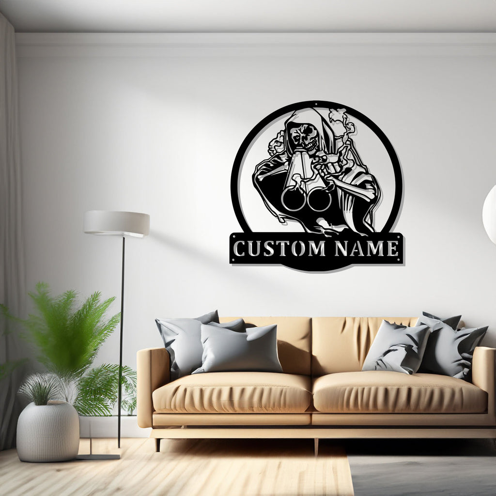 Custom Grim Reaper Shotgun Hunting Metal Wall Art, Personalized Shot Hunting Name Sign Decoration For Room, Shot Hunting Home Decor