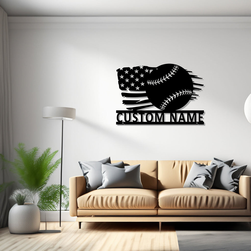 Custom US Flag Baseball Metal Wall Art, Personalized Baseball Player Name Sign Decoration For Room, Baseball Metal Decor