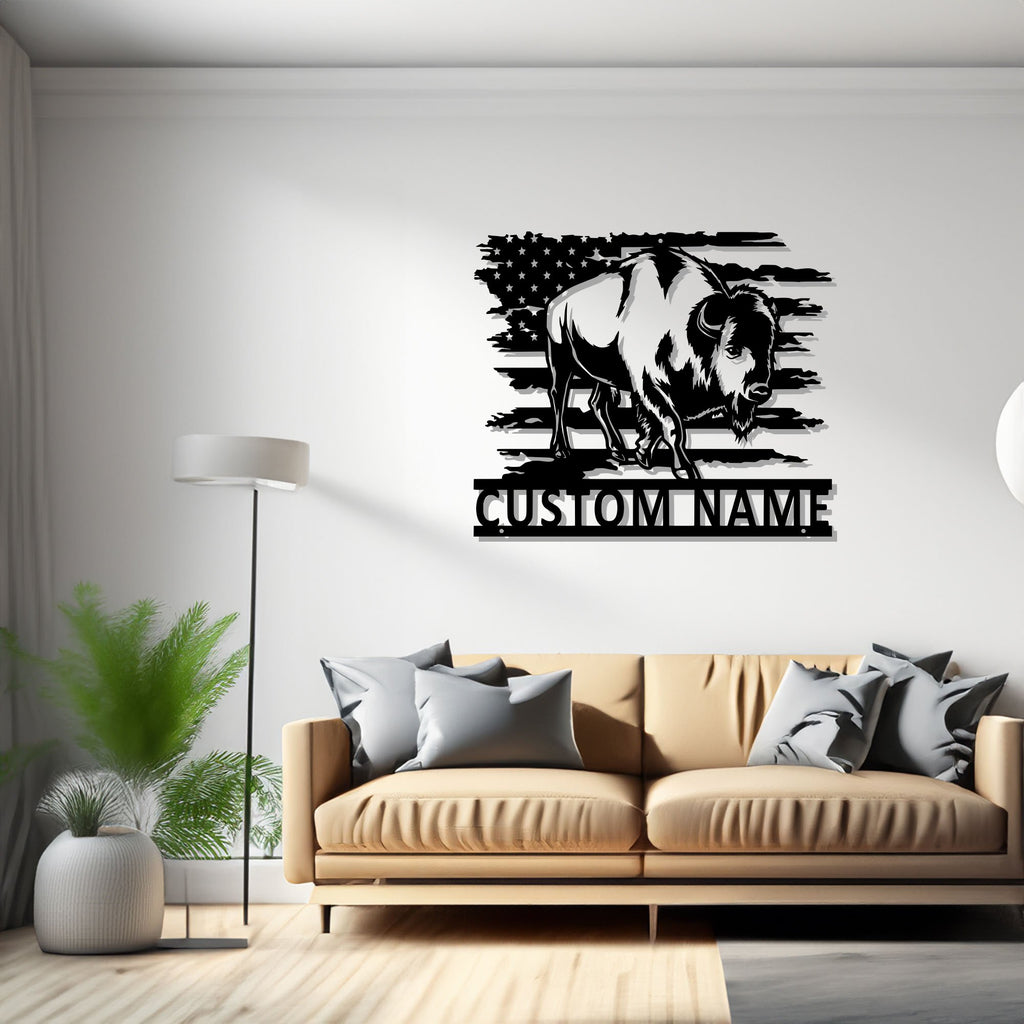 Custom US Bison Metal Wall Art, Personalized Bison Name Sign Decoration For Room, Bison Metal Decor, Custom Bison Name - 1526942641