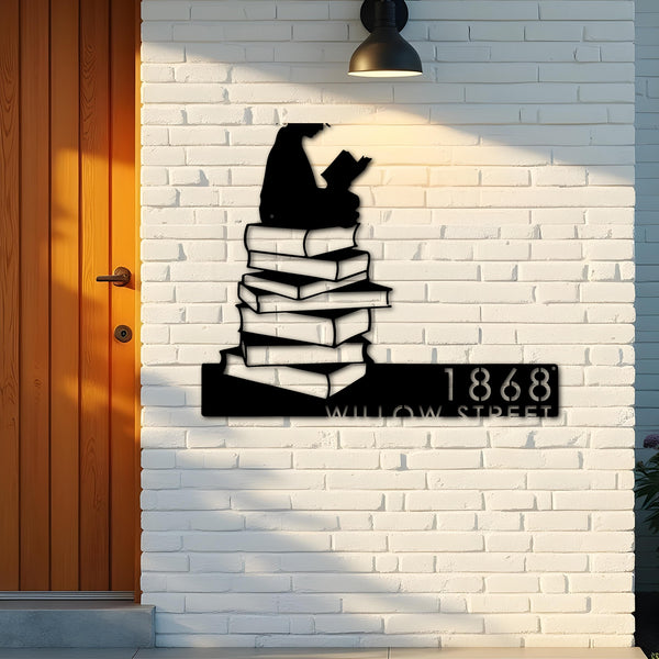 Custom Metal Girl Reading Book Book Lover Metal Address Sign, House number, Outdoor Number Signage, Yard Sign Address Plate