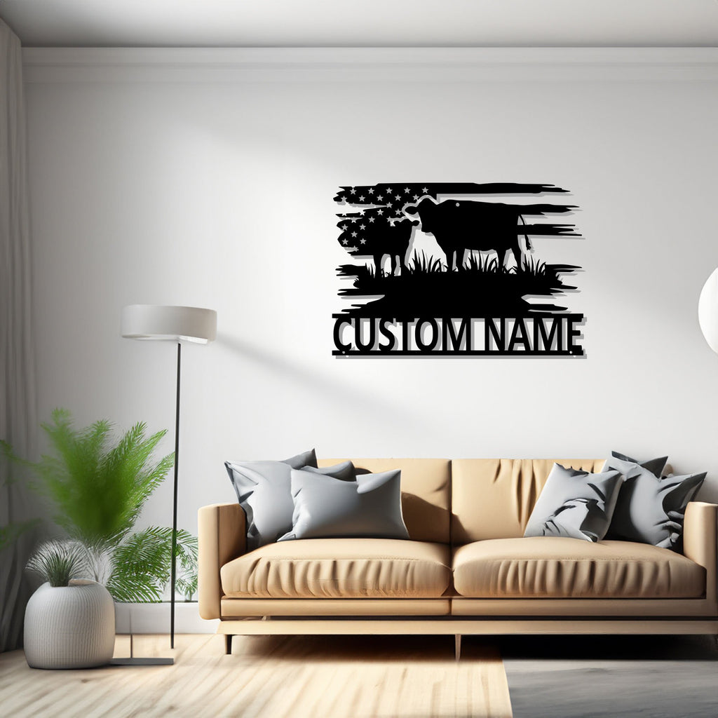 Custom US Cow Metal Wall Art, Personalized Cow Farm Name Sign Decoration For Room, Cow Metal Decor, Custom Cow Farm