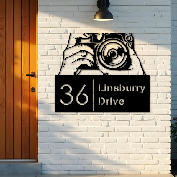 Custom Metal Hands holding camera photography Metal Address Sign, House number, Outdoor Number Signage, Yard Sign Address Plate