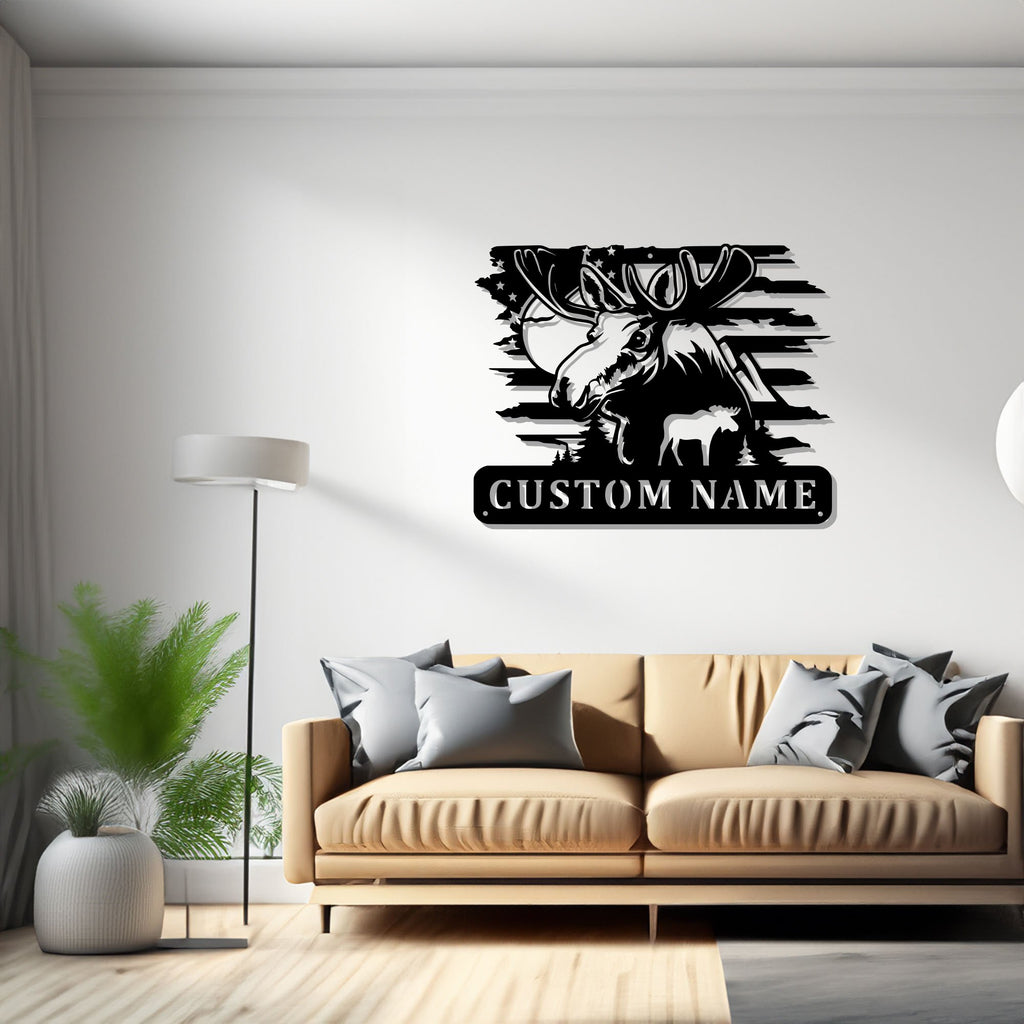 Custom US Moose Metal Wall Art, Personalized Moose Hunter Name Sign Decoration For Room, Moose Metal Decor, Custom Moose - 1524848871