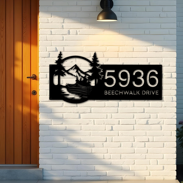 Custom Metal Boat on River Mountain Forest Wild Scene Metal Address Sign House Number Hanging Address Plaque Yard Sign Outdoor Sign