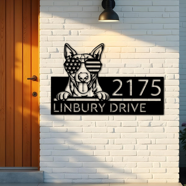 Custom Metal Bull Terrier dog US flag glasses Metal Address Sign House number Hanging Address Plaque Yard Sign Outdoor decor
