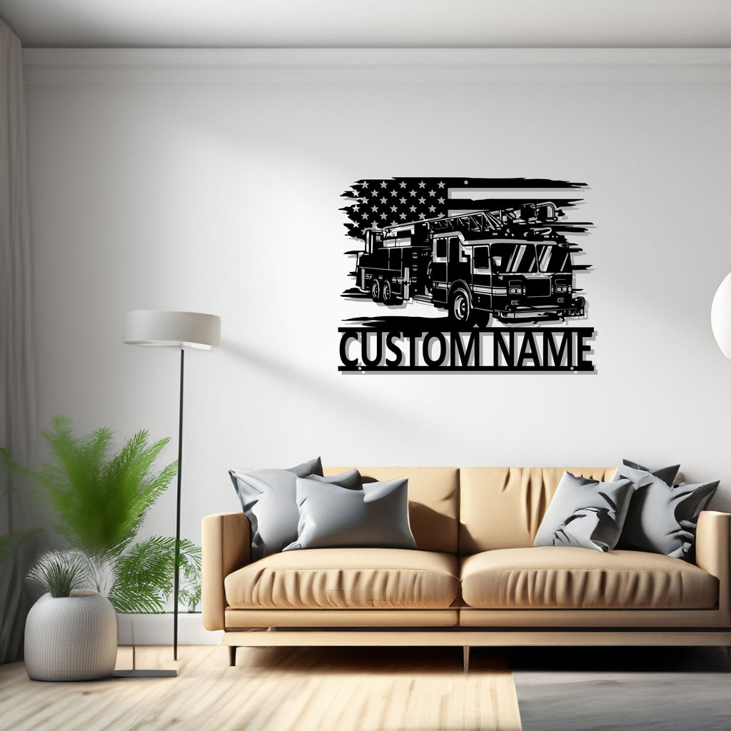 Custom US Fire Truck Metal Wall Art, Personalized Fire Truck Driver Name Sign Decoration For Room, Fire Truck Metal Decor