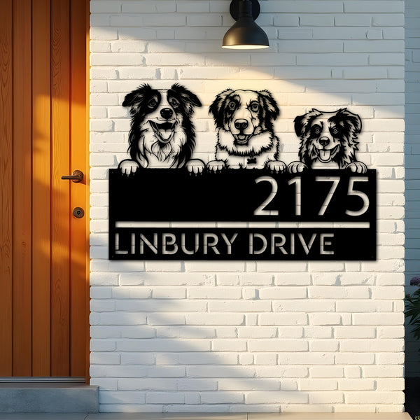 Custom Metal Australian shepherd dogs puppy Metal Address Sign House number Hanging Address Plaque Yard Sign Outdoor decor
