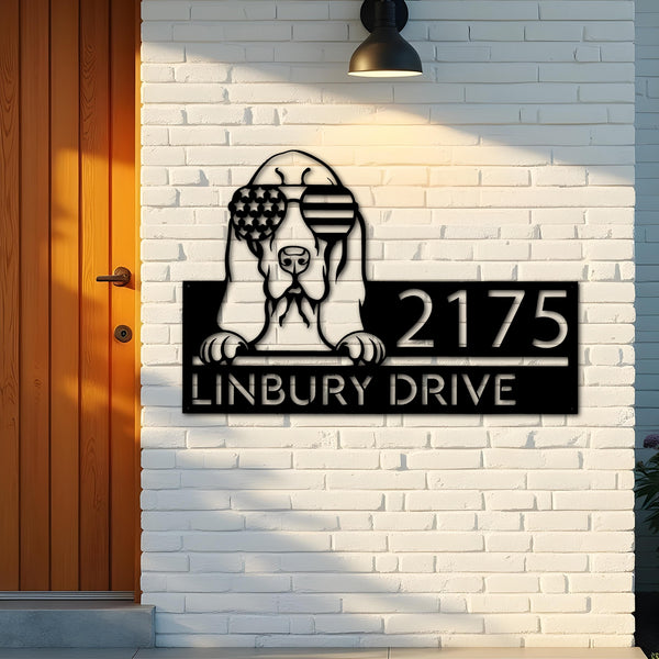 Custom Metal Basset hound dog US flag glasses Metal Address Sign House number Hanging Address Plaque Yard Sign Outdoor decor