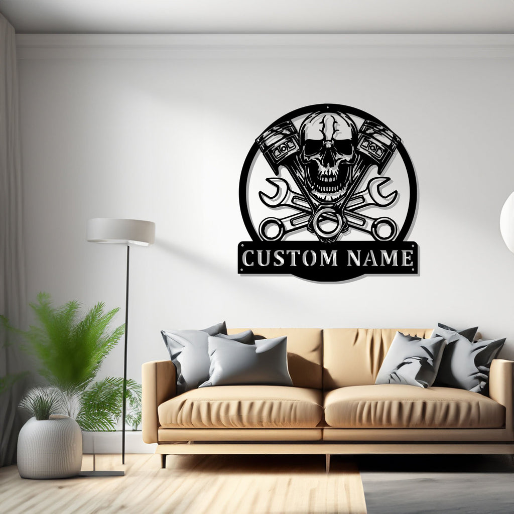 Custom Mechanic Skull Metal Wall Art, Personalized Mechanic Name Sign Decoration For Room, Mechanic Home Decor, Mechanic LED