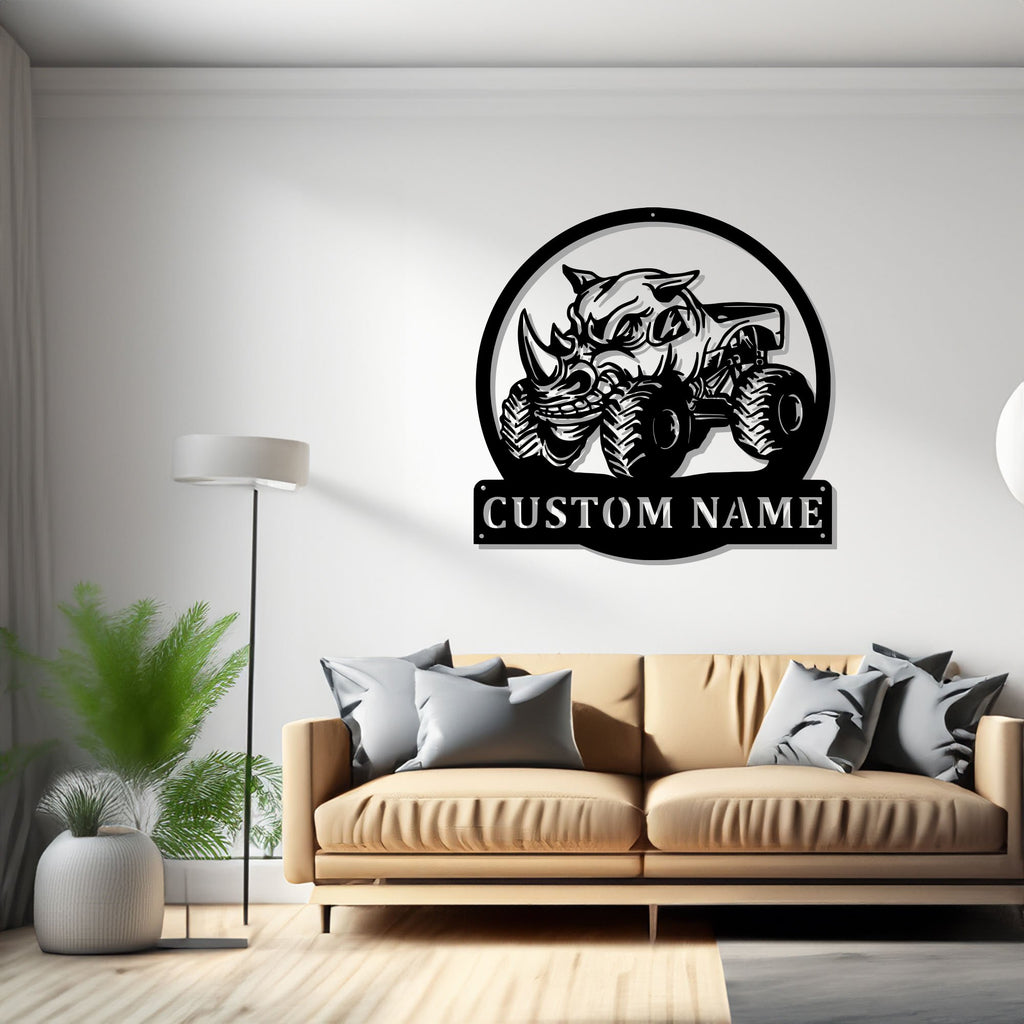 Custom Rhino Monster Truck Metal Wall Art, Personalized Monster Truck Name Sign Decoration For Room, Monster Truck Home Decor