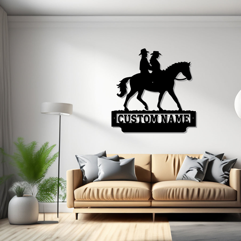 Custom Cowboy and Cowgirl Riding a Horse Metal Wall Art, Personalized Cowboy Name Sign Decoration For Room, Cowboy Home Decor, Custom Cowboy