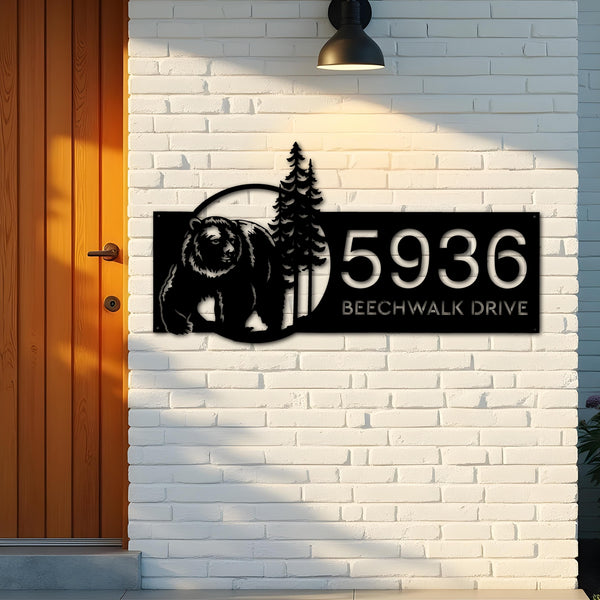 Custom Metal Bear forest scene wild life Metal Address Sign, House number, Outdoor Number Signage, Yard Sign Address Plate