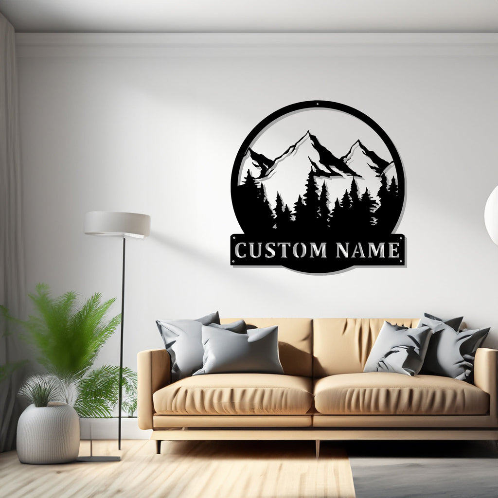 Custom Mountain Forest Metal Wall Art, Personalized Mountain Camper Name Sign Decoration For Room, Mountain Metal Decor