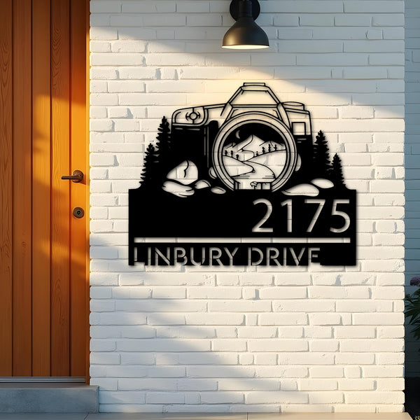 Custom Metal Camera mountain scene photography Metal Address Sign, House number, Outdoor Number Signage, Yard Sign Address Plate